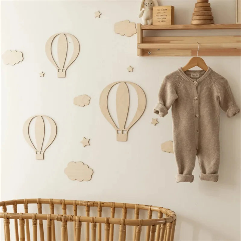 13-Piece Wooden Hot Air Balloon Wall Decor Set for Kids Room