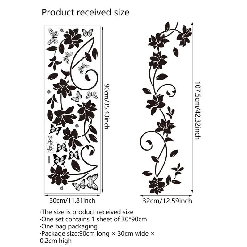 Black Flower & Butterfly Wall Sticker 90x30cm