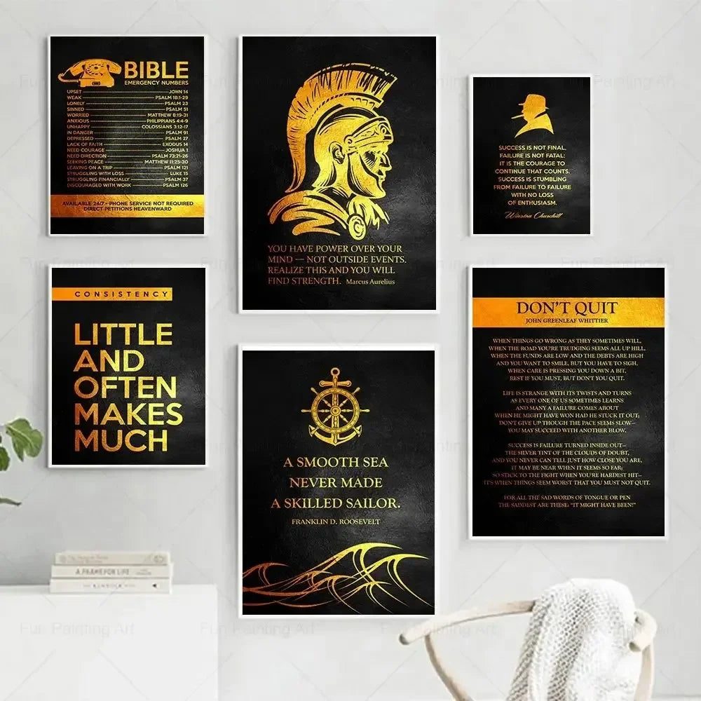 Motivational Quote Wall Art Black & Gold Canvas Poster