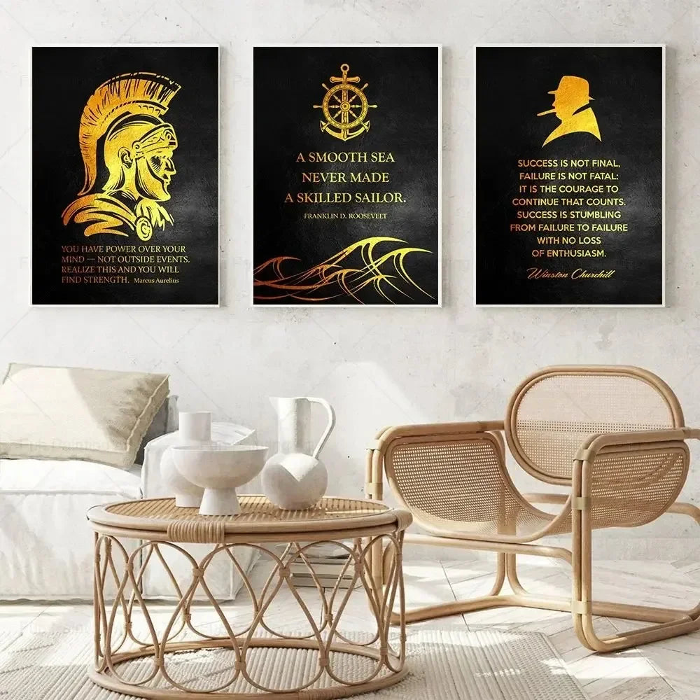 Motivational Quote Wall Art Black & Gold Canvas Poster