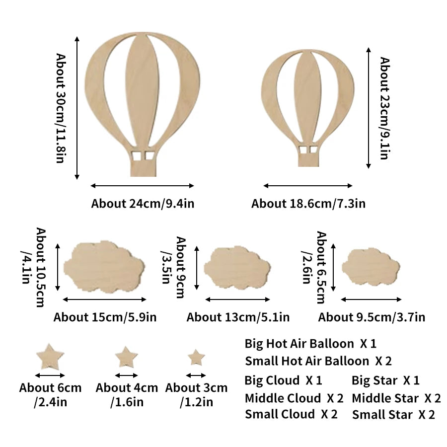 13-Piece Wooden Hot Air Balloon Wall Decor Set for Kids Room